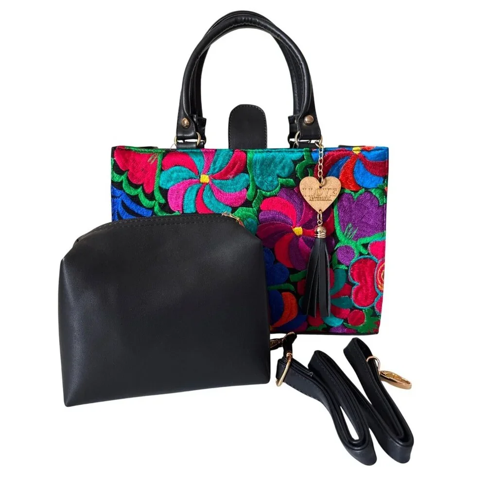 Large Mexican Artisanal Floral Tapestry Satchel & Makeup‎ Bag Set Vegan Leather